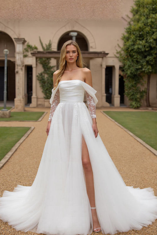 Ivory Tulle Off the Shoulder Long Sleeves Wedding Dress with Slit