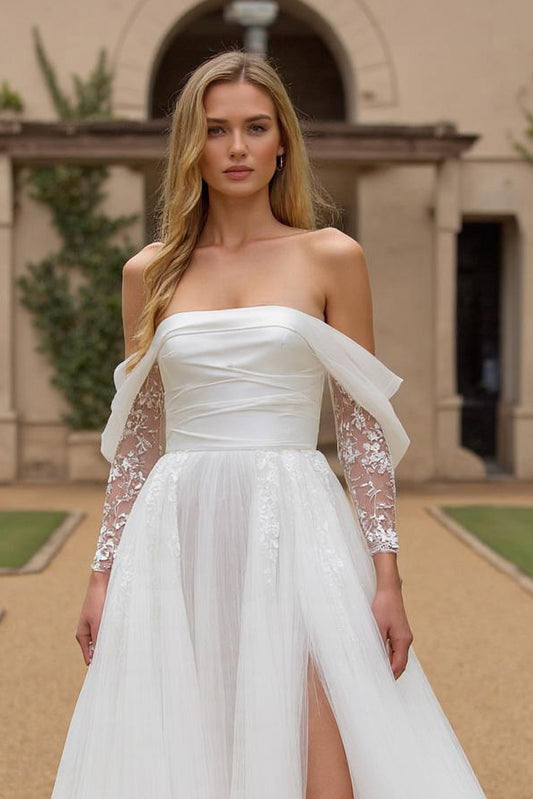 Ivory Tulle Off the Shoulder Long Sleeves Wedding Dress with Slit