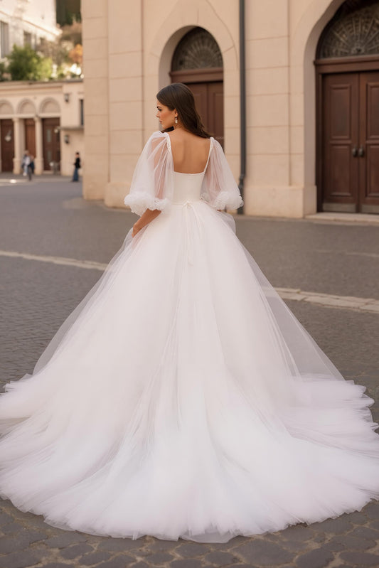 Ivory Half Sleeves Ball Gown Sweep Train Wedding Dress with Ruffles