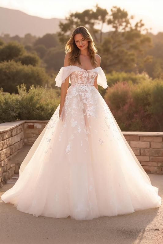 Ivory Off the Shoulder Ruffled Sweep Train Wedding Dress with Appliques
