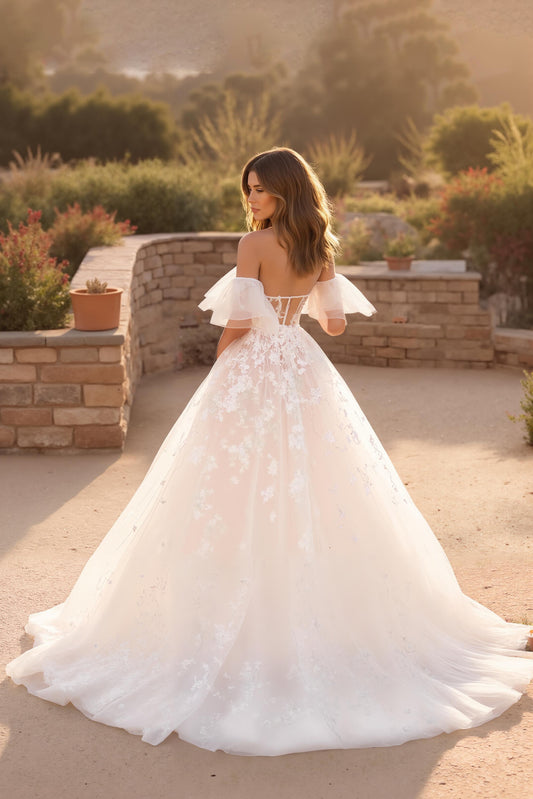Ivory Off the Shoulder Ruffled Sweep Train Wedding Dress with Appliques
