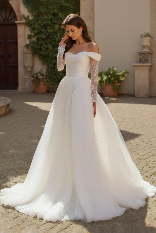 Ivory Long Sleeves Ruched Sweep Train Wedding Dress with Lace