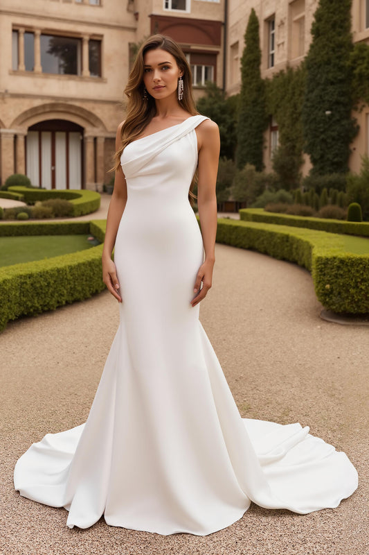 Satin Ivory One Shoulder Mermaid Sweep Train Wedding Dress