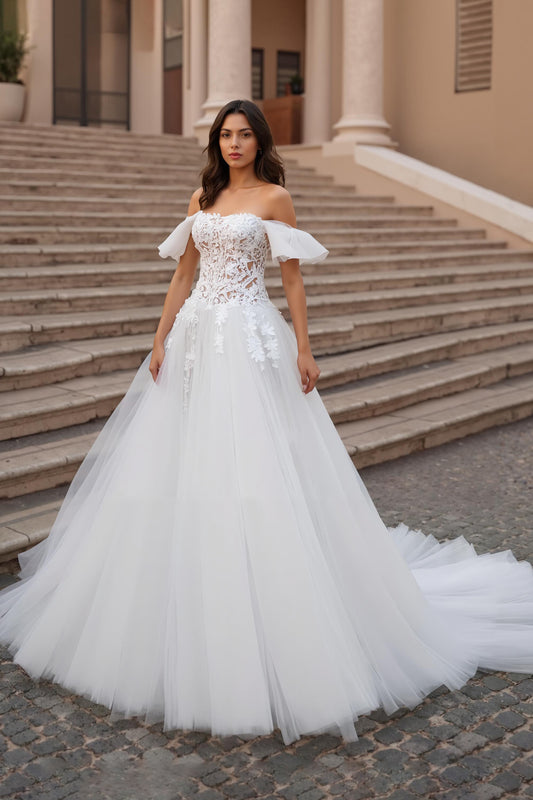 Ruffled Off the Shoulder Ivory Sweep Train Wedding Dress with Lace