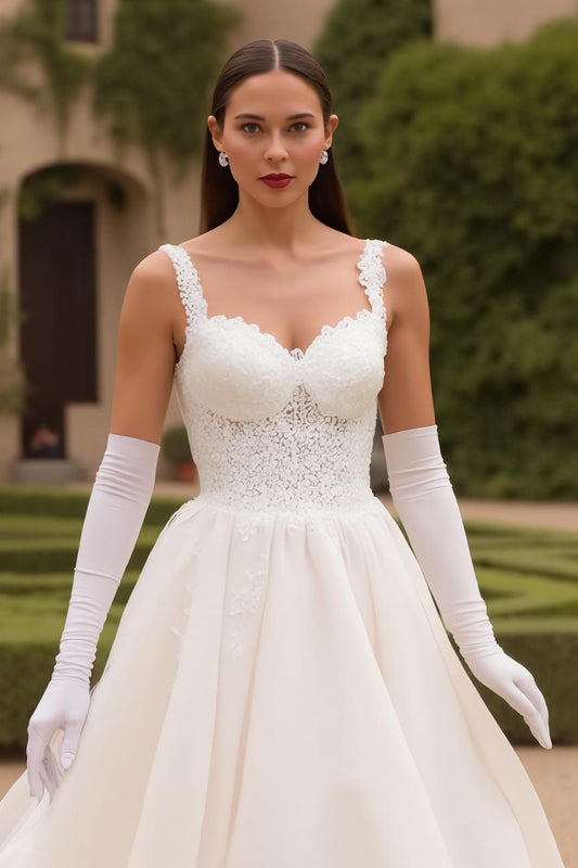 A Line Thick Straps Ivory Sweep Train Wedding Dress with Lace