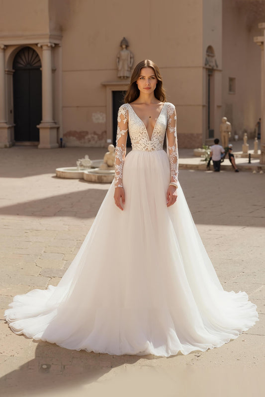 Deep V-Neck Chiffon Ivory Long Sleeves Wedding Dress with Lace