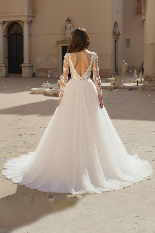 Deep V-Neck Chiffon Ivory Long Sleeves Wedding Dress with Lace