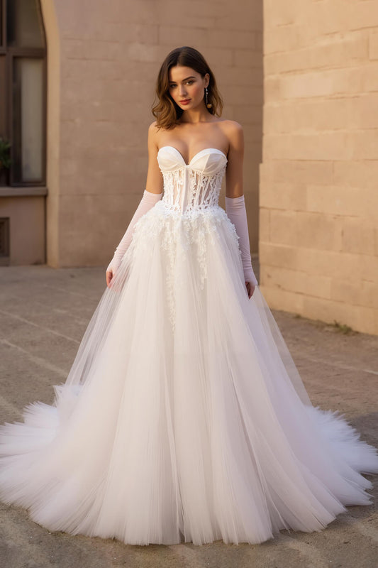 Sweetheart Corset Ivory Sweep Train Wedding Dress with Lace
