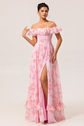 Pink Floral Ruffled Off the Shoulder Long Bridesmaid Dress with Slit