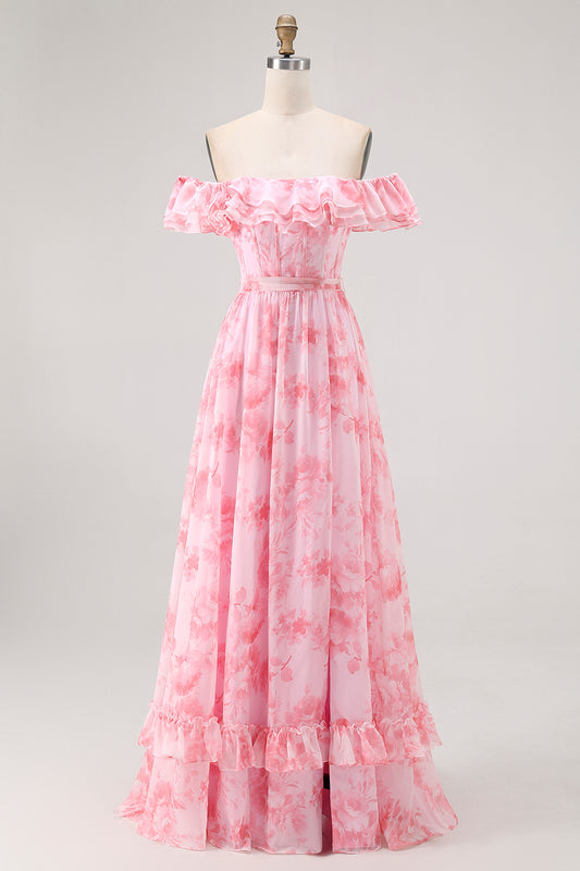 Pink Floral Off the Shoulder Chiffon A-Line Long Wedding Guest Dress with Ruffles