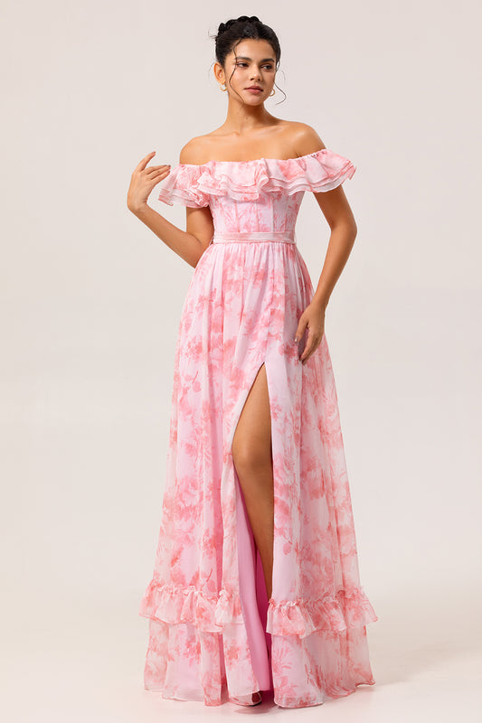 Pink Floral Ruffled Off the Shoulder Long Bridesmaid Dress with Slit