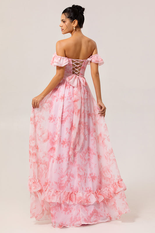 Pink Floral Ruffled Off the Shoulder Long Bridesmaid Dress with Slit