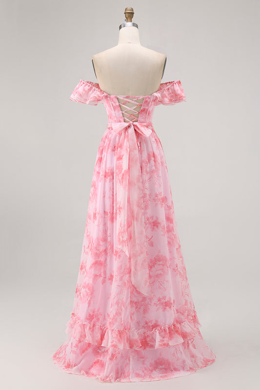 Pink Floral Off the Shoulder Chiffon A-Line Long Wedding Guest Dress with Ruffles