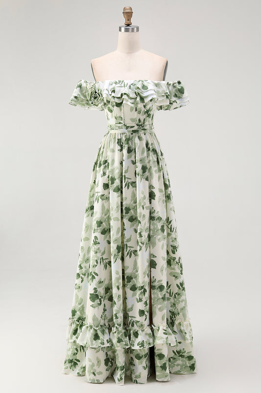Green Chiffon Floral Off the Shoulder A-Line Long Wedding Guest Dress