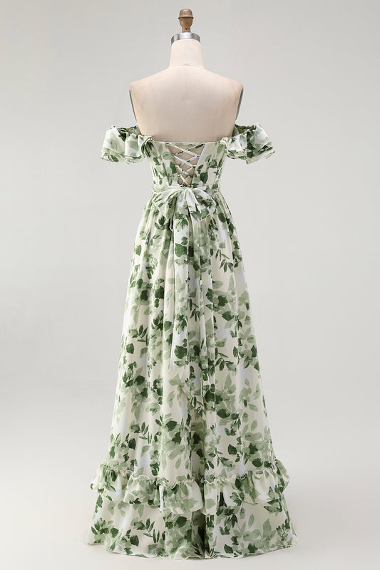 Green Chiffon Floral Off the Shoulder A-Line Long Wedding Guest Dress