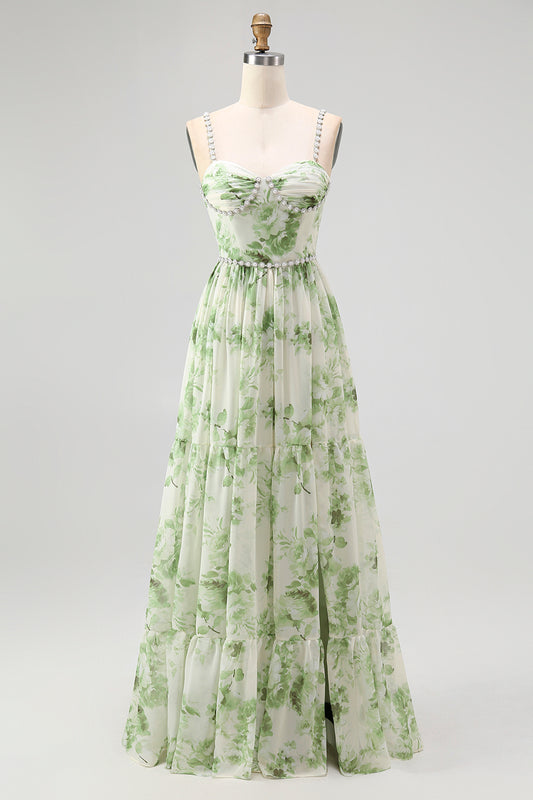Green Floral Spaghetti Straps Chiffon A-Line Long Wedding Guest Dress with Slit