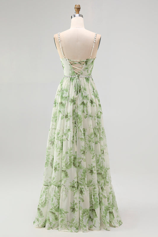 Green Floral Spaghetti Straps Chiffon A-Line Long Wedding Guest Dress with Slit