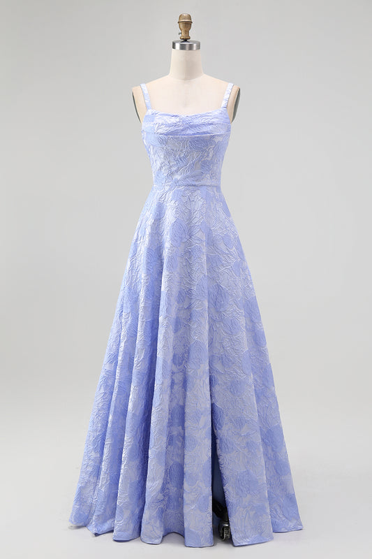 Blue Floral Spaghetti Straps A-Line Long Wedding Guest Dress with Slit