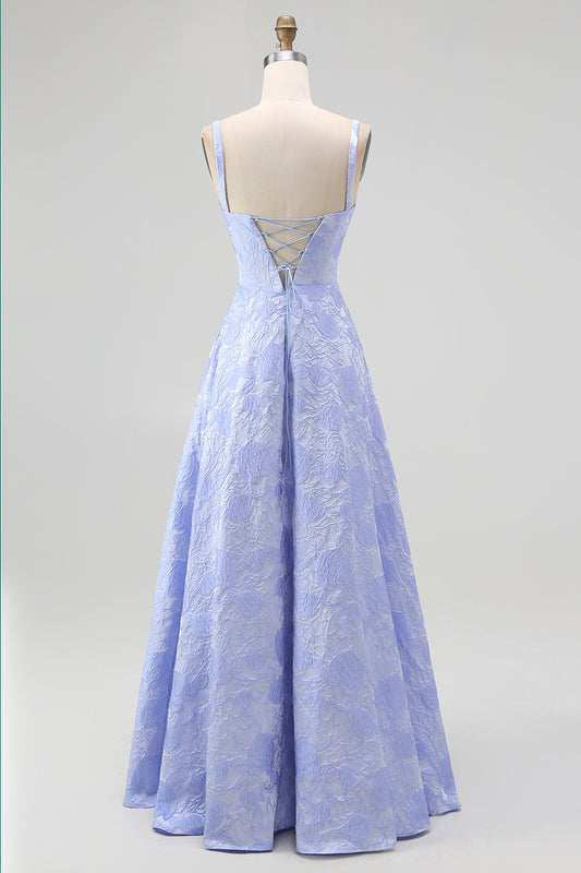 Blue Floral Spaghetti Straps A-Line Long Wedding Guest Dress with Slit