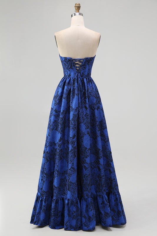 Dark Blue Floral Sweetheart A-Line Long Corset Wedding Guest Dress