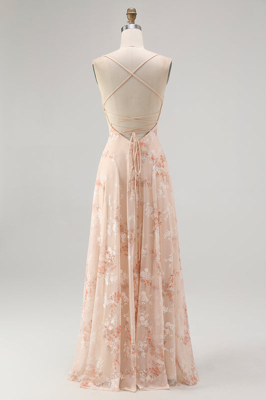 Champagne Floral Spaghetti Straps Chiffon Ruched A-Line Long Wedding Guest Dress