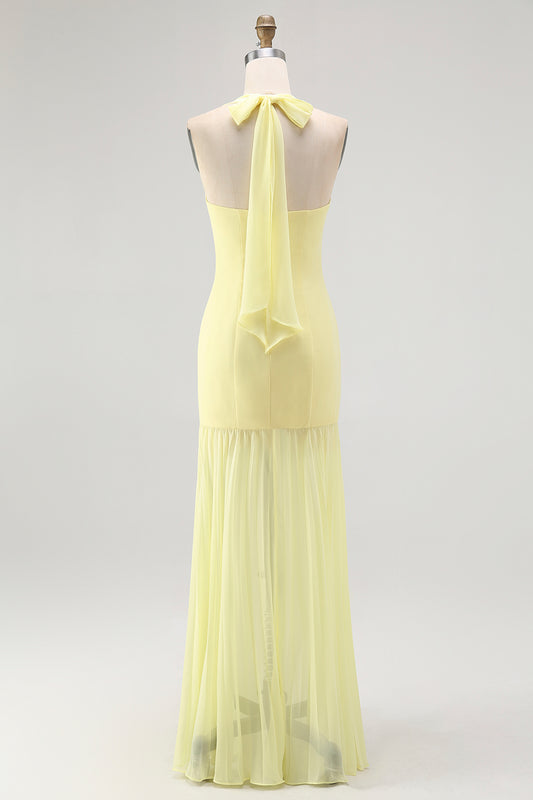 Simple Yellow Halter Chiffon Sheath Long Wedding Guest Dress