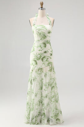 Green Floral Halter Mermaid Long Wedding Guest Dress with Bow