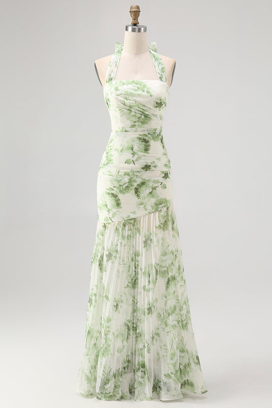 Green Floral Halter Mermaid Long Wedding Guest Dress with Bow