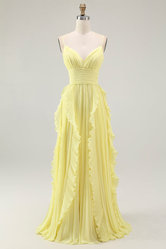 Yellow Spaghetti Straps Chiffon Pleated A-Line Long Wedding Guest Dress with Ruffles
