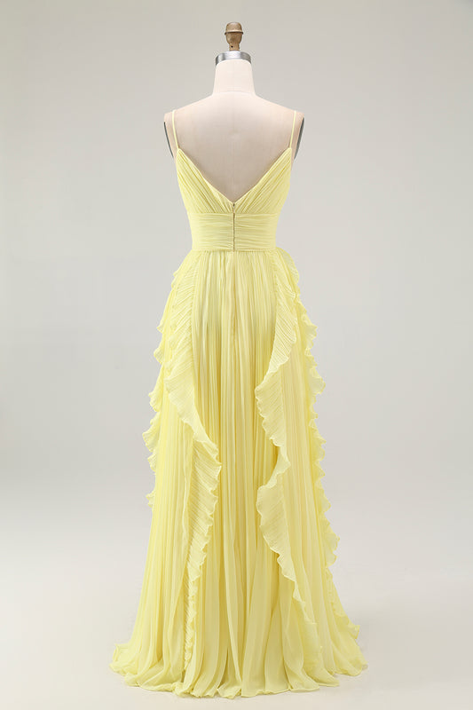 Yellow Spaghetti Straps Chiffon Pleated A-Line Long Wedding Guest Dress with Ruffles