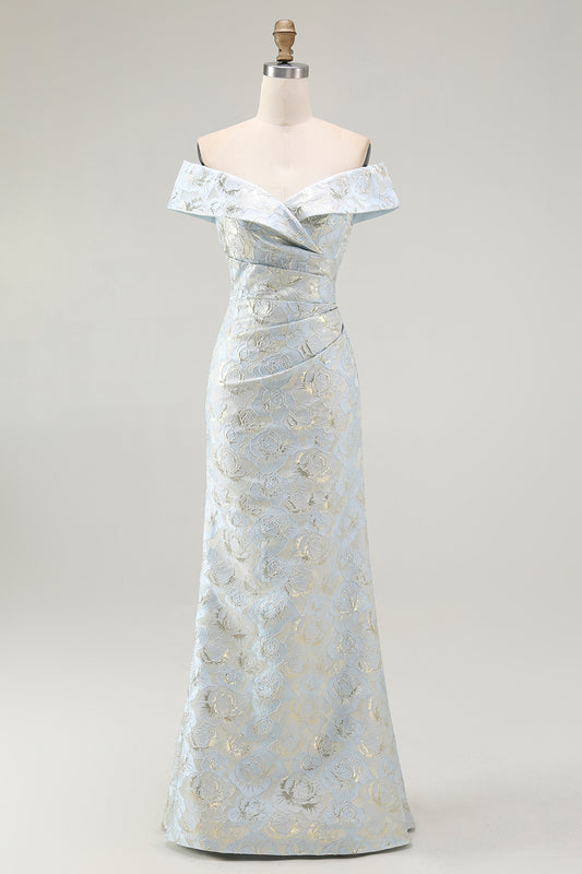 Light Blue Floral Off the Shoulder Mermaid Long Wedding Guest Dress