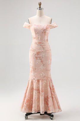 Champagne Printed Off the Shoulder Ruched Long Wedding Guest Dress