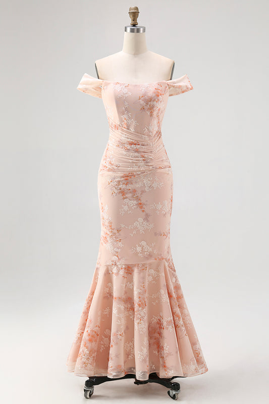 Champagne Printed Off the Shoulder Ruched Long Wedding Guest Dress