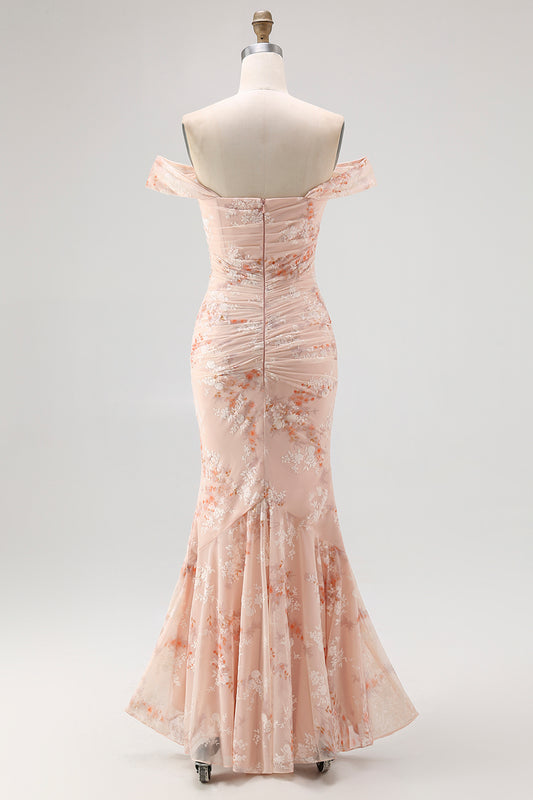 Champagne Printed Off the Shoulder Ruched Long Wedding Guest Dress