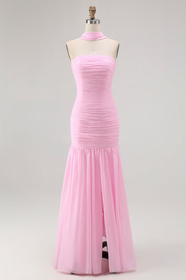 Blush Strapless Chiffon Ruched Neck Scarf Mermaid Long Wedding Guest Dress