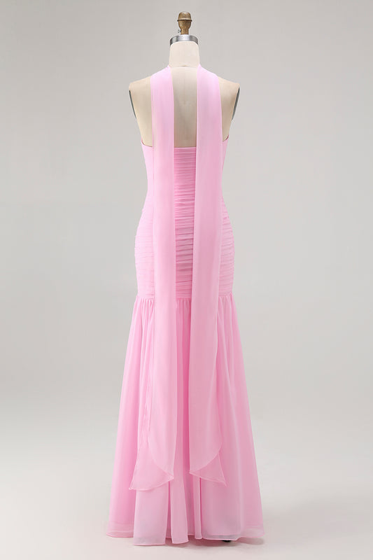 Blush Strapless Chiffon Ruched Neck Scarf Mermaid Long Wedding Guest Dress