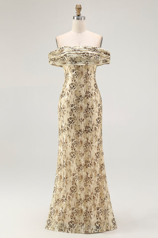 Champagne Floral Off the Shoulder Mermaid Long Wedding Guest Dress