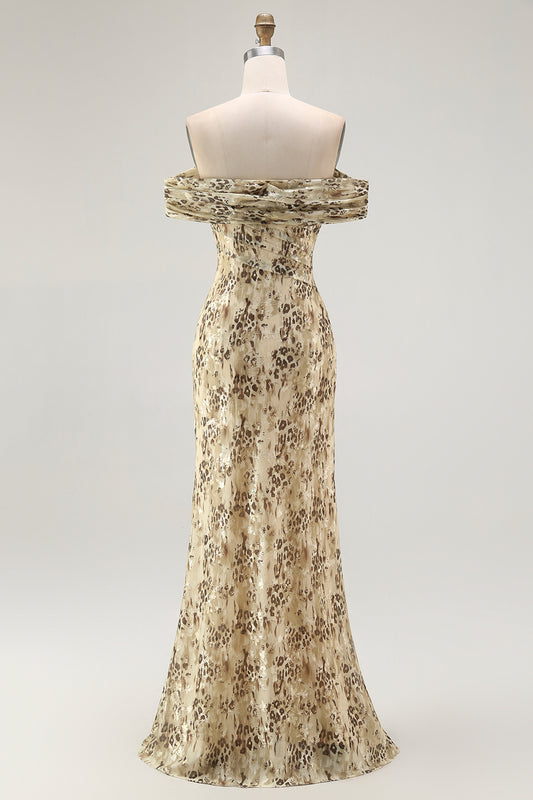 Champagne Floral Off the Shoulder Mermaid Long Wedding Guest Dress