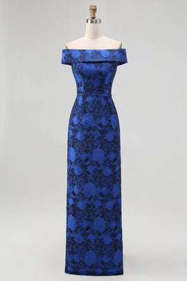 Dark Blue Floral Off the Shoulder Sheath Long Wedding Guest Dress with Slit