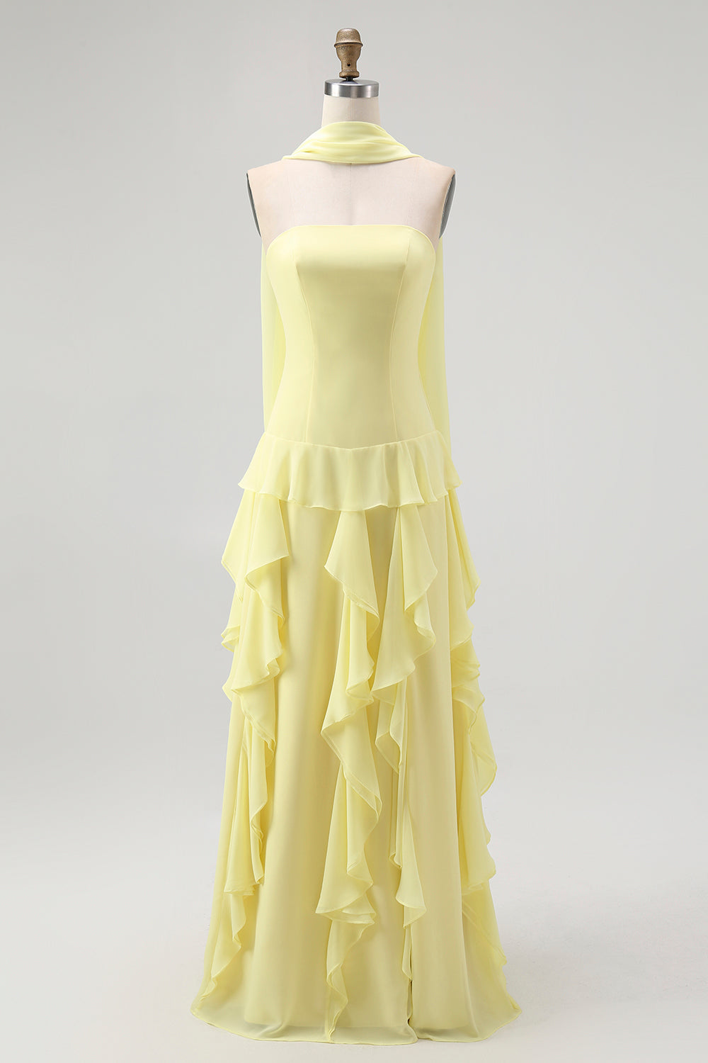 Zapakasa Women Yellow Chiffon Neck Scarf Ruffled Long Wedding Guest Dress Strapless A-Line Bridesmaid Dress Zapakasa Women Yellow Chiffon Neck Scarf Ruffled Long Wedding Guest Dress Strapless A-Line Bridesmaid Dress