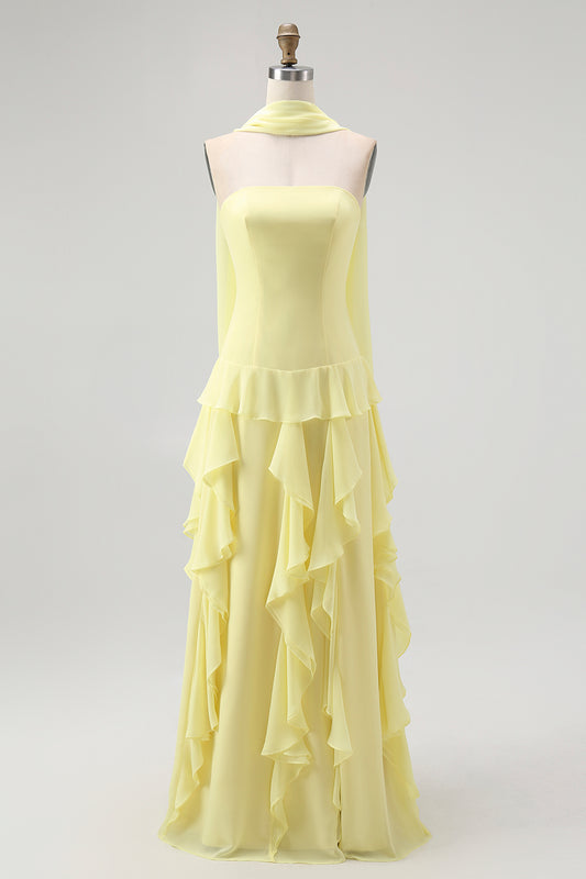 Yellow Strapless Chiffon Neck Scarf A-Line Ruffled Long Wedding Guest Dress