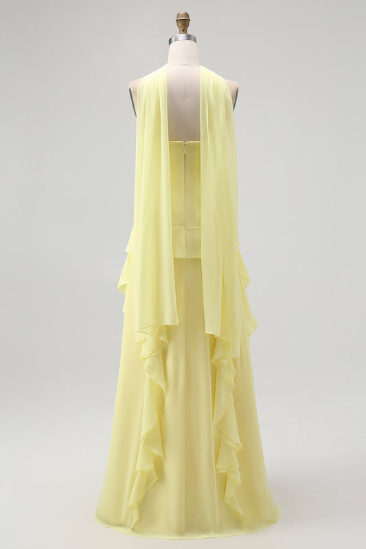 Yellow Strapless Chiffon Neck Scarf A-Line Ruffled Long Wedding Guest Dress