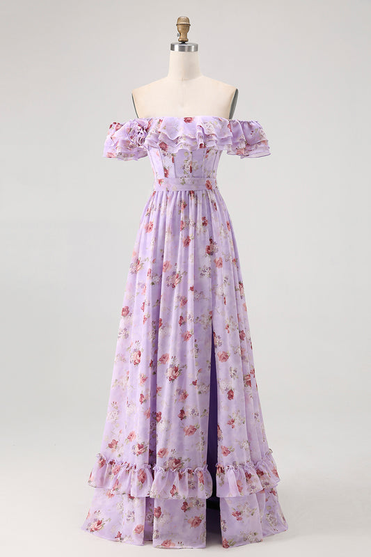 Purple Floral Off the Shoulder Chiffon A-Line Long Wedding Guest Dress with Ruffles