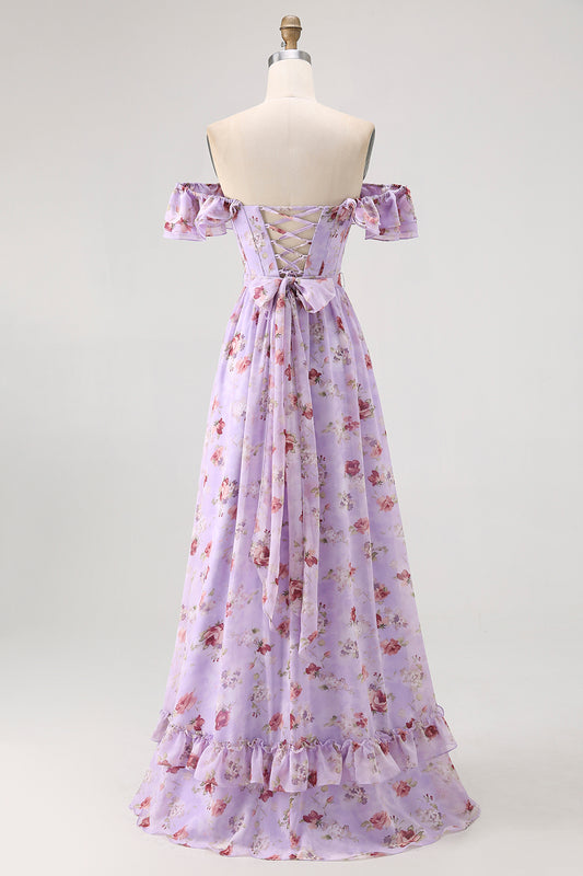 Purple Floral Off the Shoulder Chiffon A-Line Long Wedding Guest Dress with Ruffles