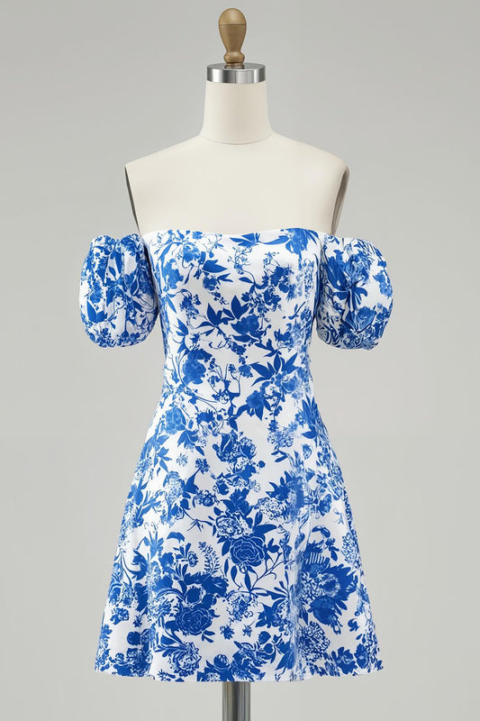 Blue Floral Chiffon Off the Shoulder Short Homecoming Dress with Sleeves