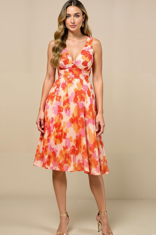 Sunset Chiffon Thick Straps Pleated Midi Wedding Guest Dress