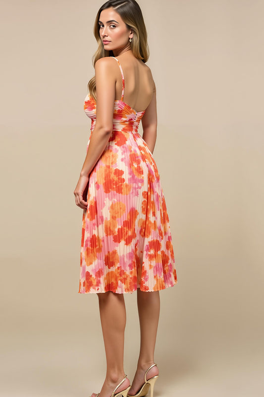 Sunset Chiffon Spaghetti Straps Midi Wedding Guest Dress with Pleats