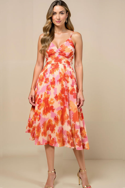 Sunset Spaghetti Straps Midi Chiffon Wedding Guest Dress with Pleats