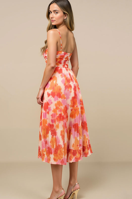 Sunset Spaghetti Straps Midi Chiffon Wedding Guest Dress with Pleats
