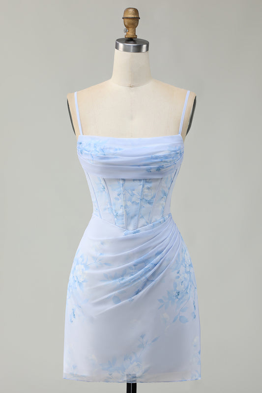 Light Blue Floral Tight Ruched Short Corset Homecoming Dress